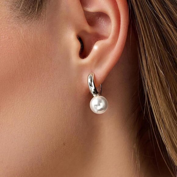 925 Sterling Silver Dainty Freshwater Pearl Small Hoop Drop Dangle  Earrings - Picture 3 of 9